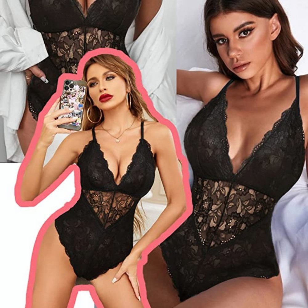 Women Snap Crotch Lingerie Sexy Lace Bodysuit Deep V Teddy One Piece Lace Babydo